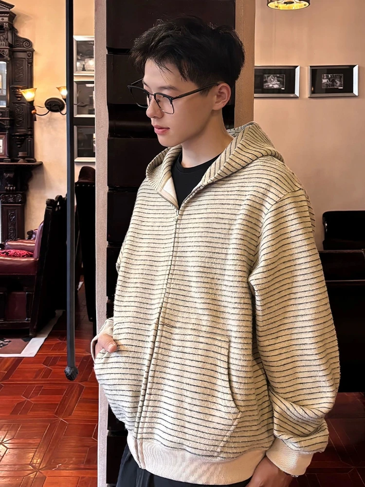 

Корейская полосатая толстовка с капюшоном для мужчин в американском ретро-стиле, свободный кардиган-свитшот Cleanfit Premium Feel