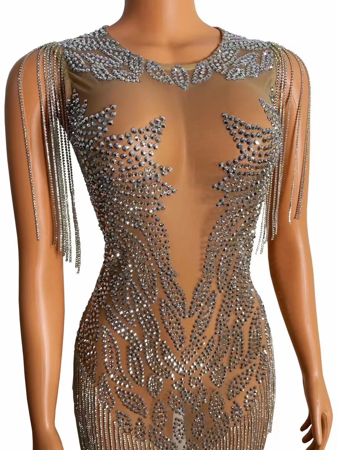 Nude Perspective Sleeveless Shining Rhinestones Tassel Sexy Sheath Dress For Women Nightclub Party Clothing Singer Stage Costume