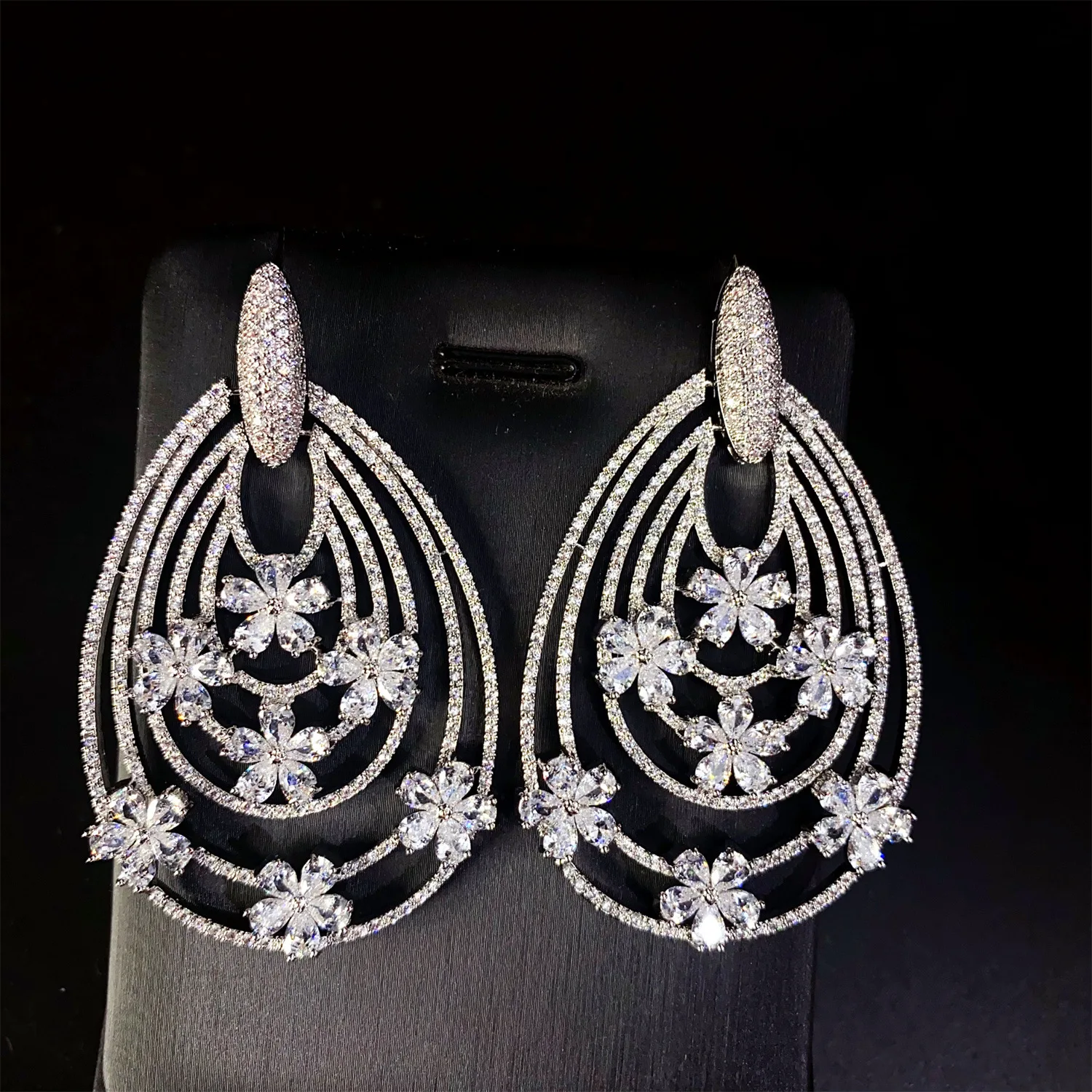 

sparkly zirconia earrings large oval pendant circles flower silver color wedding bride earrings dinner party anniversary gift