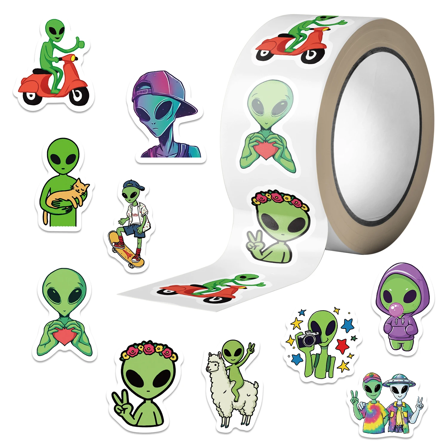 500pcs Cartoon Alien Cute DIY Waterproof Reward Decoration Phone Case Water Cup Guitar Luggage PVC Roll Stickers