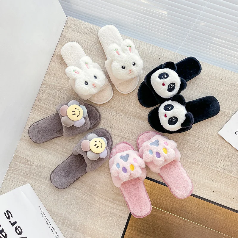 Cute Cartoon Fur Slippers Women\'s2022 Winter New One Word Cotton Slippers Home Panda Plus Size Warm Plush Slippers Mujer Slides