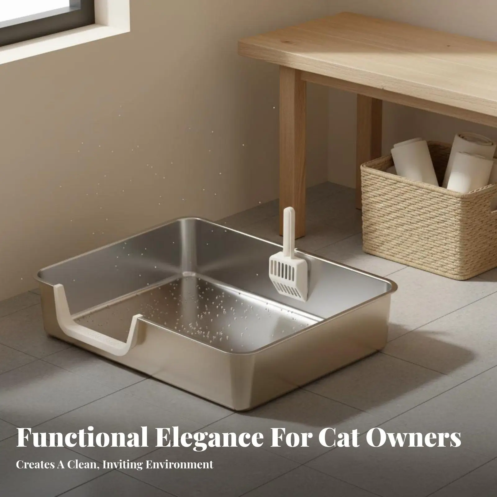 Cat Litter Tray Stainless Steel High Back Open Pan for Large Cats Easy Wash Odor Control Toilet for Indoor Cat Enclosure