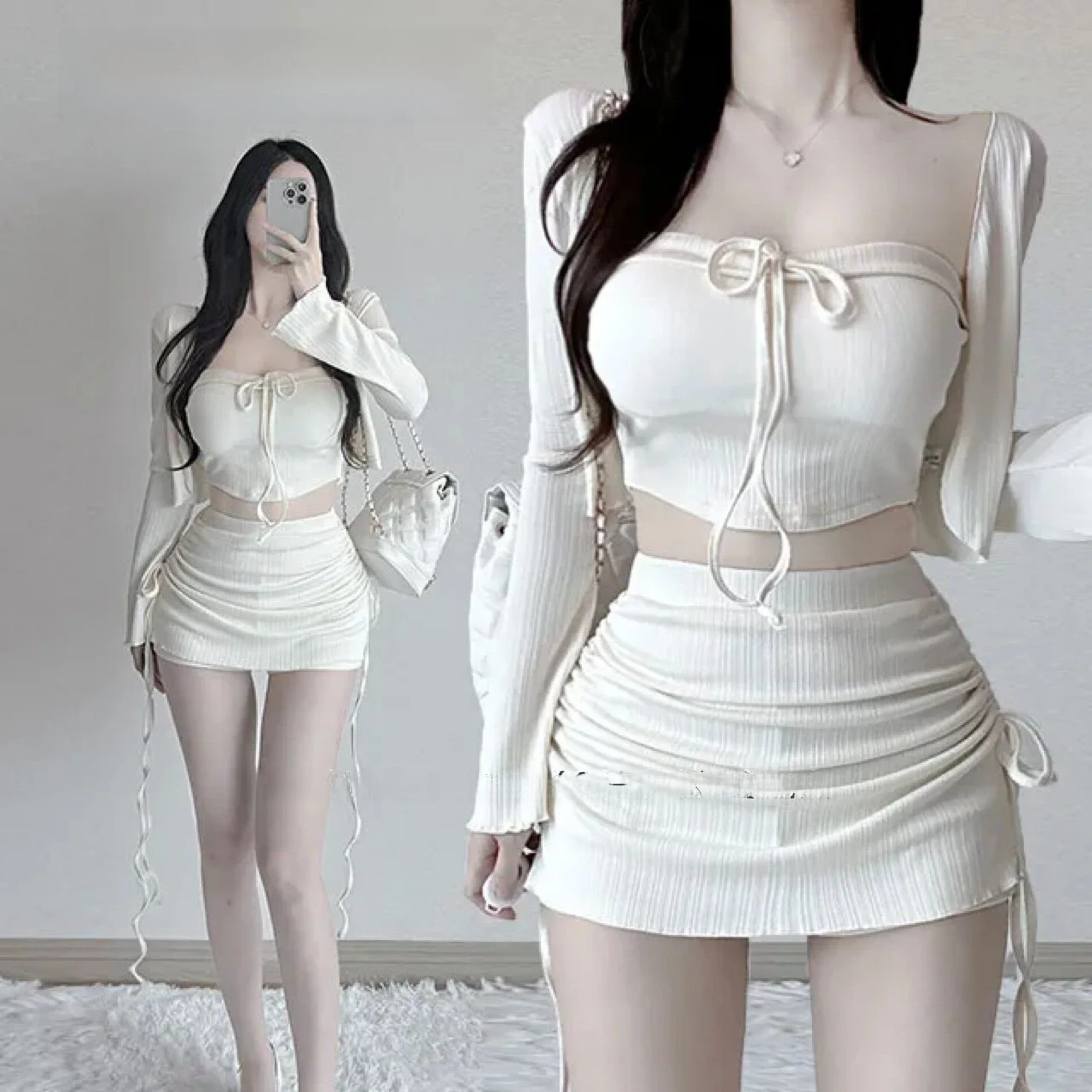 Spicy Girl Women's Three-Piece Set with Drawstring Waist Open Cardigan And Short Skirt Pants Spring Collection Two Colors