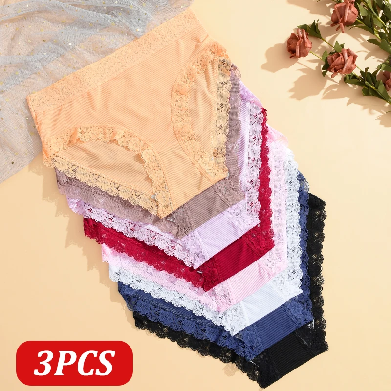3 Teile/satz Sexy Spitze Blumen Höschen Für Frauen Nahtlose Einfarbig Plus Größe Unterwäsche Weibliche Elastische Atmungsaktive Intime Dessous