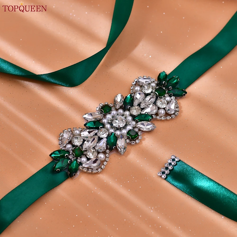 TOPQUEEN Fashion Bridal Belt Wedding Accessories Emerald Gemstone Applique Bridesmaid Belt Party Prom S86-KL