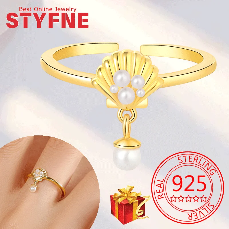 

Real 925 Sterling Silver Shell Tassel Pearl CZ Finger Gold Rings Adjustable Ring For Women Wedding Jewelry Gifts with GIFT BOX