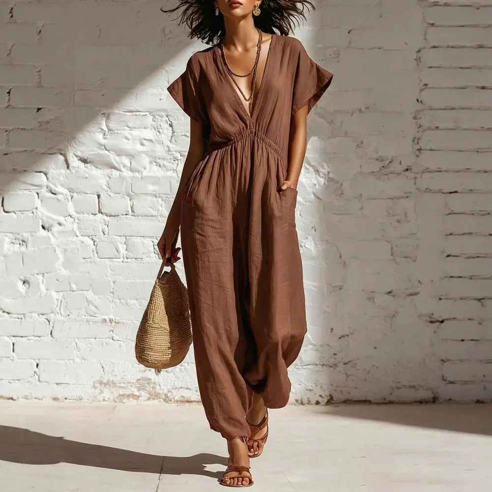 

Polyester Jumpsuit Casual Women Jumpsuit Women's Deep V Neck Jumpsuit Casual Wide Leg Romper with Pockets Summer for Vacation