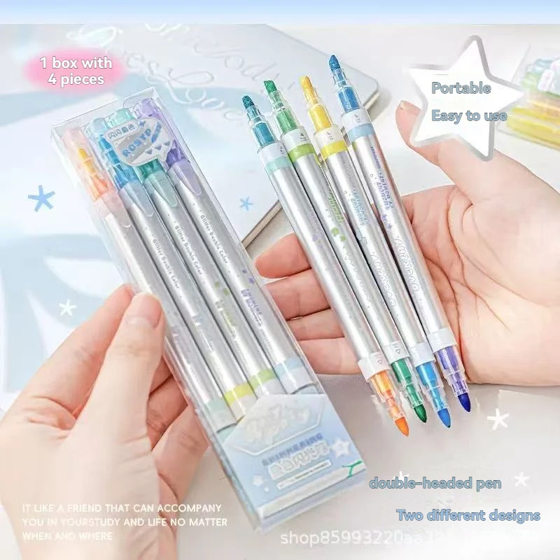 4PC Creative Color-overlapping Highlighter Pen with High Double-Headed Cap-Pulling Fluorescent Pen Student Key Marking Pen Set