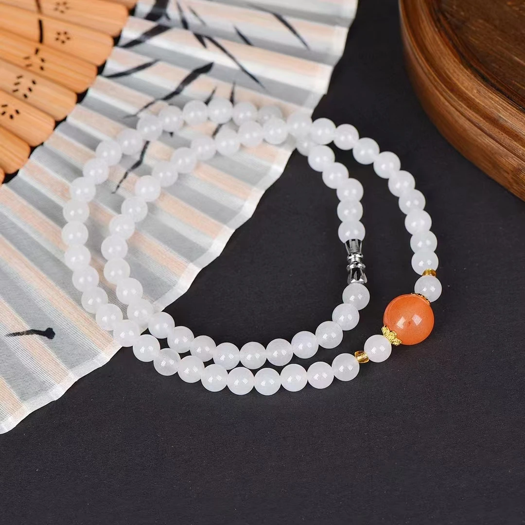 White Golden Silk Jade Necklace Natural Stone Round Bead Chain Exquisite Womens Gemstone Charms Jewelry Mother's Day Gifts