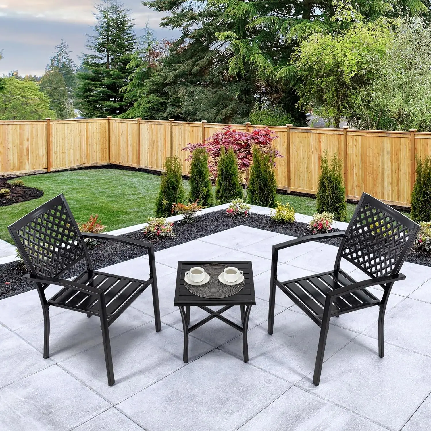 3-Piece Outdoor Patio Dining Set - Cast Iron Patio Table and Chairs, Includes Slatted Square Table & 2 Stacking Chairs