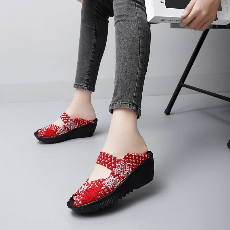 STRONGSHEN Women Handmade Woven Shoes Summer Wedge Heels Sandals Women Casual Shoes Breathable Sneakers Slip On Zapatos Mujer