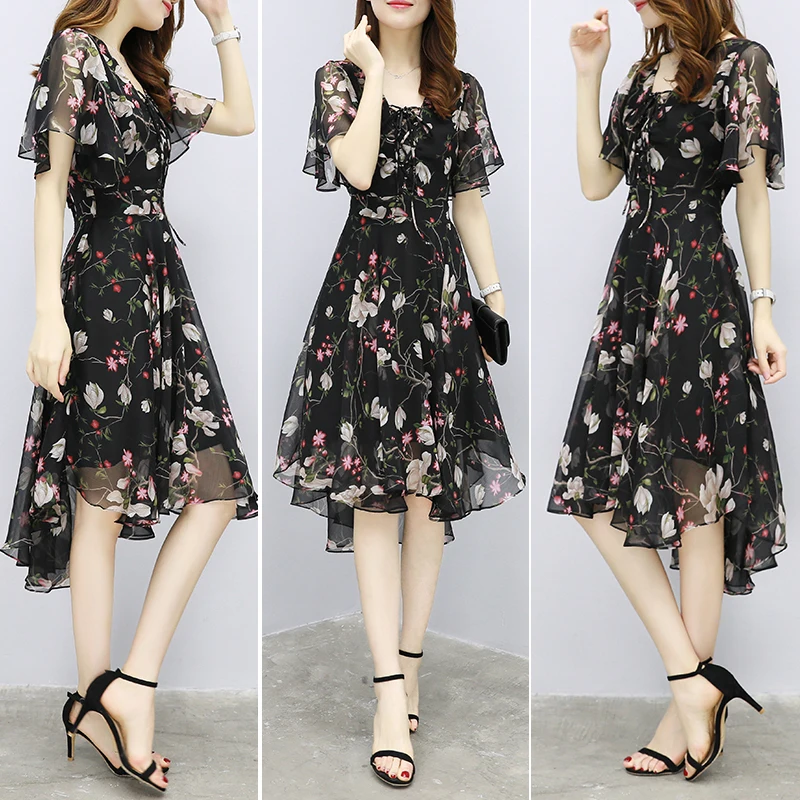 Dames Bloemen Chiffon Bloemenjurk 2024 Trends Nieuw In Dames Elegante V-Hals Korte Mouw Koreaanse Stijl Zomerjurk Vrouwelijke Kleding