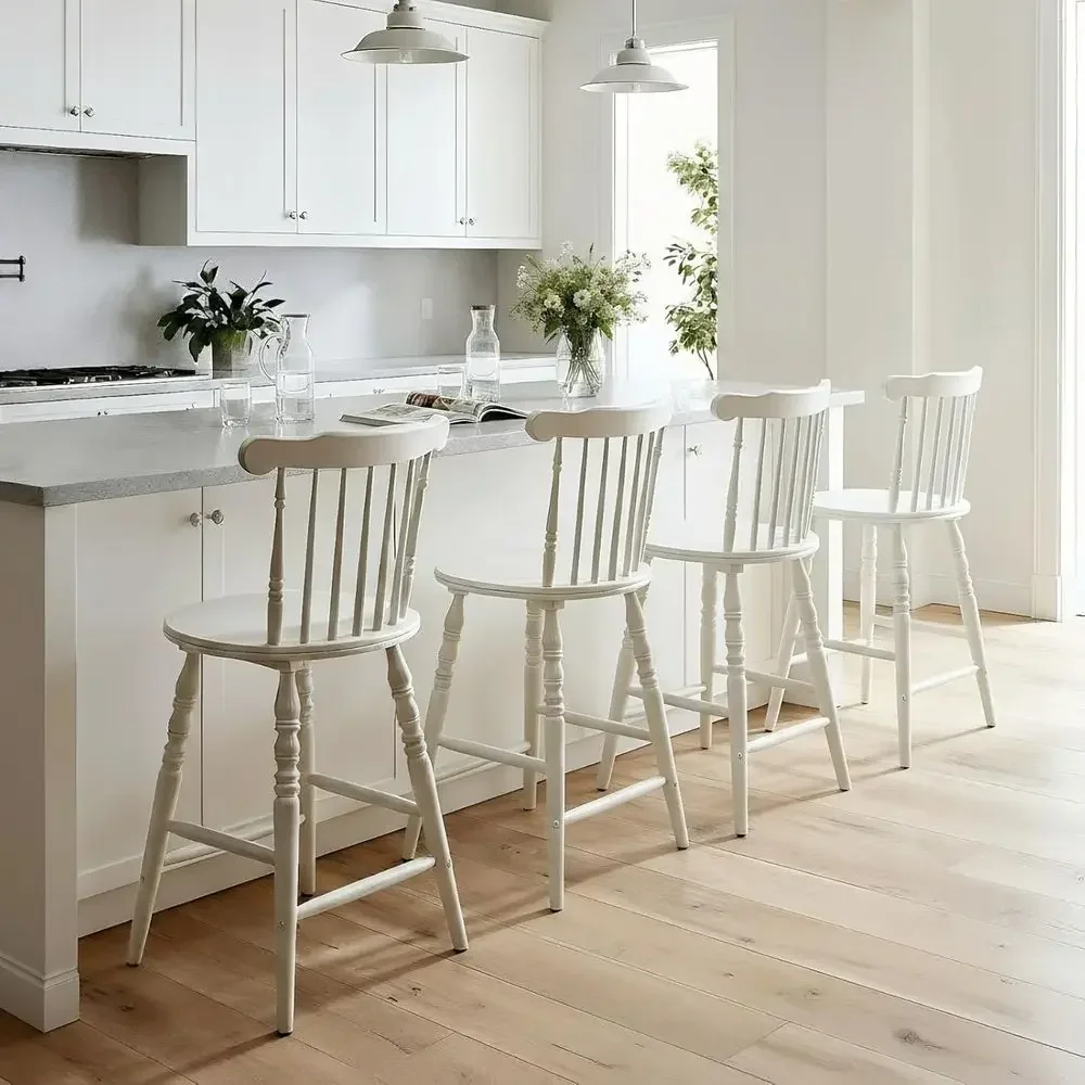 Set of 3 White Wooden Counter Height Bar Stools with Spindle Back and Turned Legs, Rustic Vintage Colonial Style for Kitchen Isl - view 4