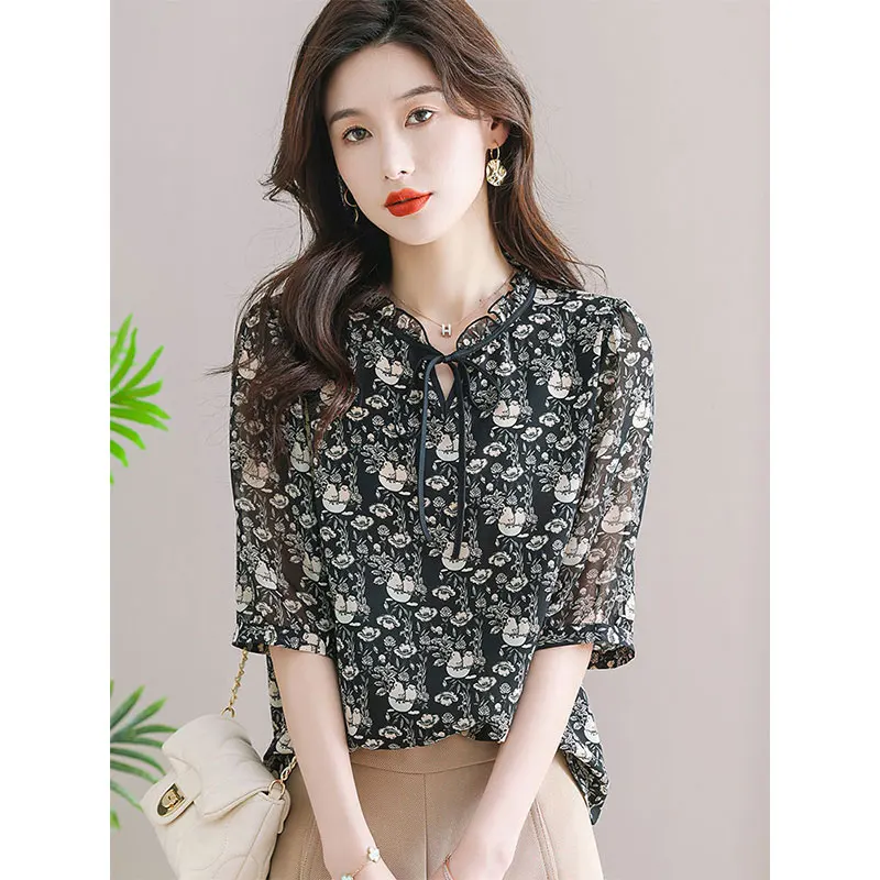 Women Clothes Summer Casual Fashion Simplicity Printing Thin Chiffon Shirts Women's Trend All-match Elegant Temperament Tops
