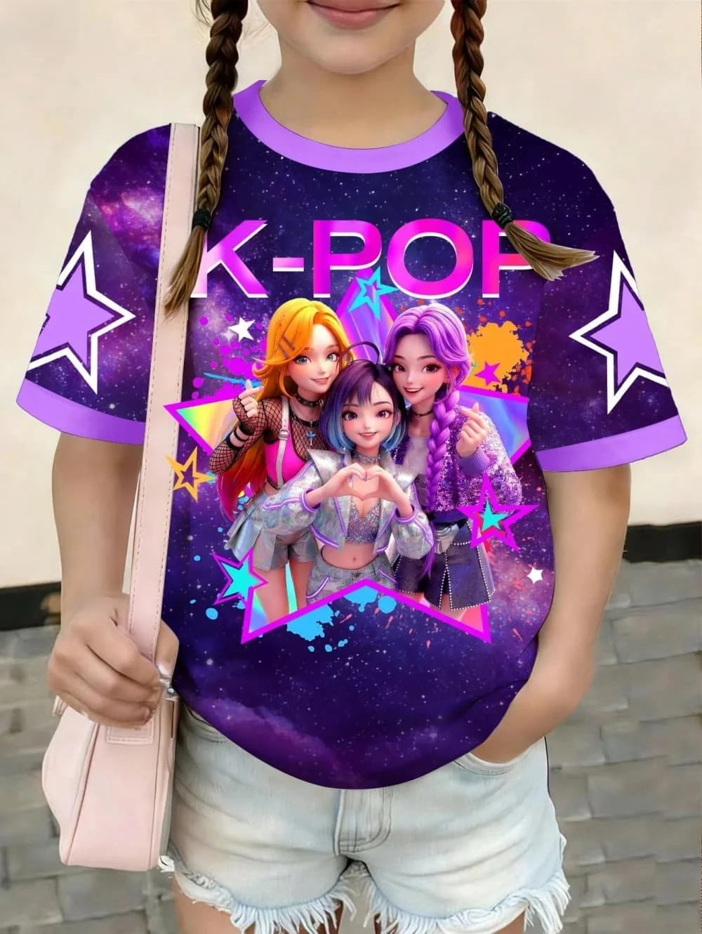 Kpop Cartoon Graphic Girls T-Shirt Casual Round-Neck T-Shirt Suitable for Girls Kids Gift Short Sleeve Tops Children's Clothing