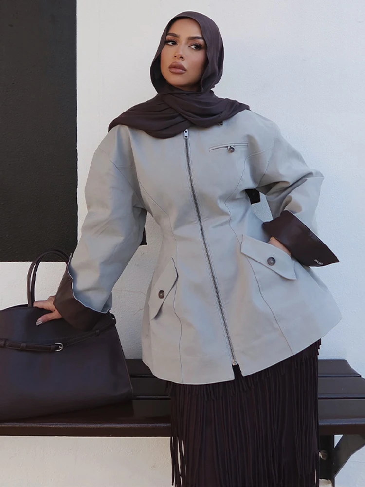 Lässige Patchwork-Damenjacke mit Langen Ärmeln, Reißverschlüssen, Revers und Taschen, Blaue Damenjacke Frühling Herbst 2026, Streetwear für Damen, Neu
