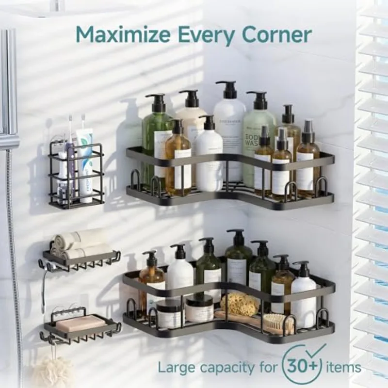1Pcs/3Pcs/5Pcs Corner Shower Storage Rack |   Wall-Mounted Bathroom Shelf, Black Shower Storage Rack, No-Drill Large Capacity Storage Rack for Kitchen and Bathroom. - view 3