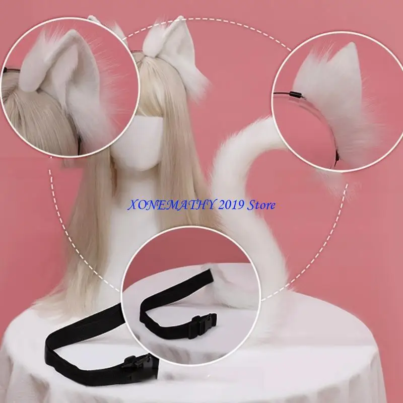 

F42F аниме косплей реквизит кошачьи уши и хвост набор плюшевые пушистые уши животных обруч для волос