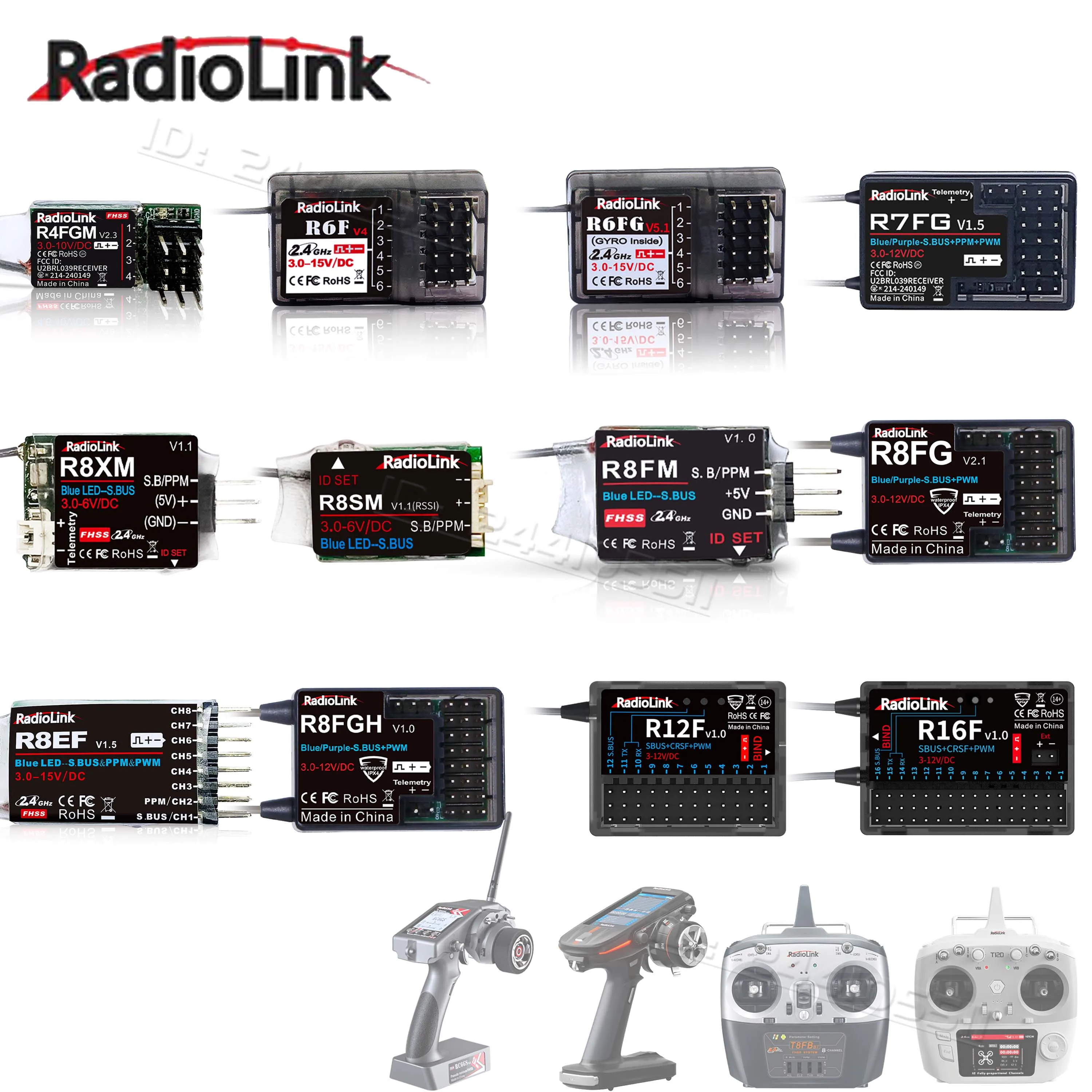 

RadioLink 4/6/7/8/12/16CH R4FGM R6FG R7FG R8SM R12F R16F 2.4G Receiver for RC6GS V3 T12D T8FB RC8X Transmitter Remote Controller