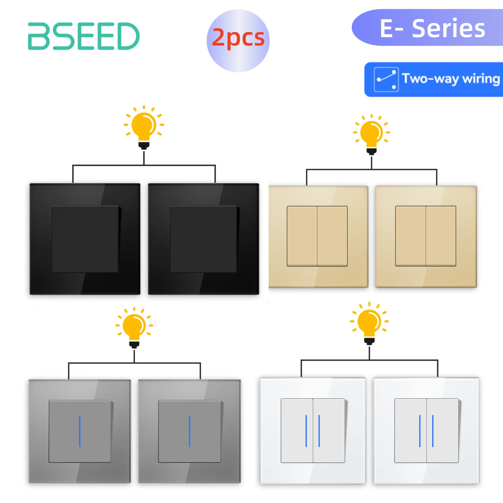 

BSEED 1/2Gang 2-полосные механические выключатели света со светодиодным индикатором для лестниц, прихожей, коридора, 10А, стеклянная рамка, 2 шт., 86 мм * 86 мм