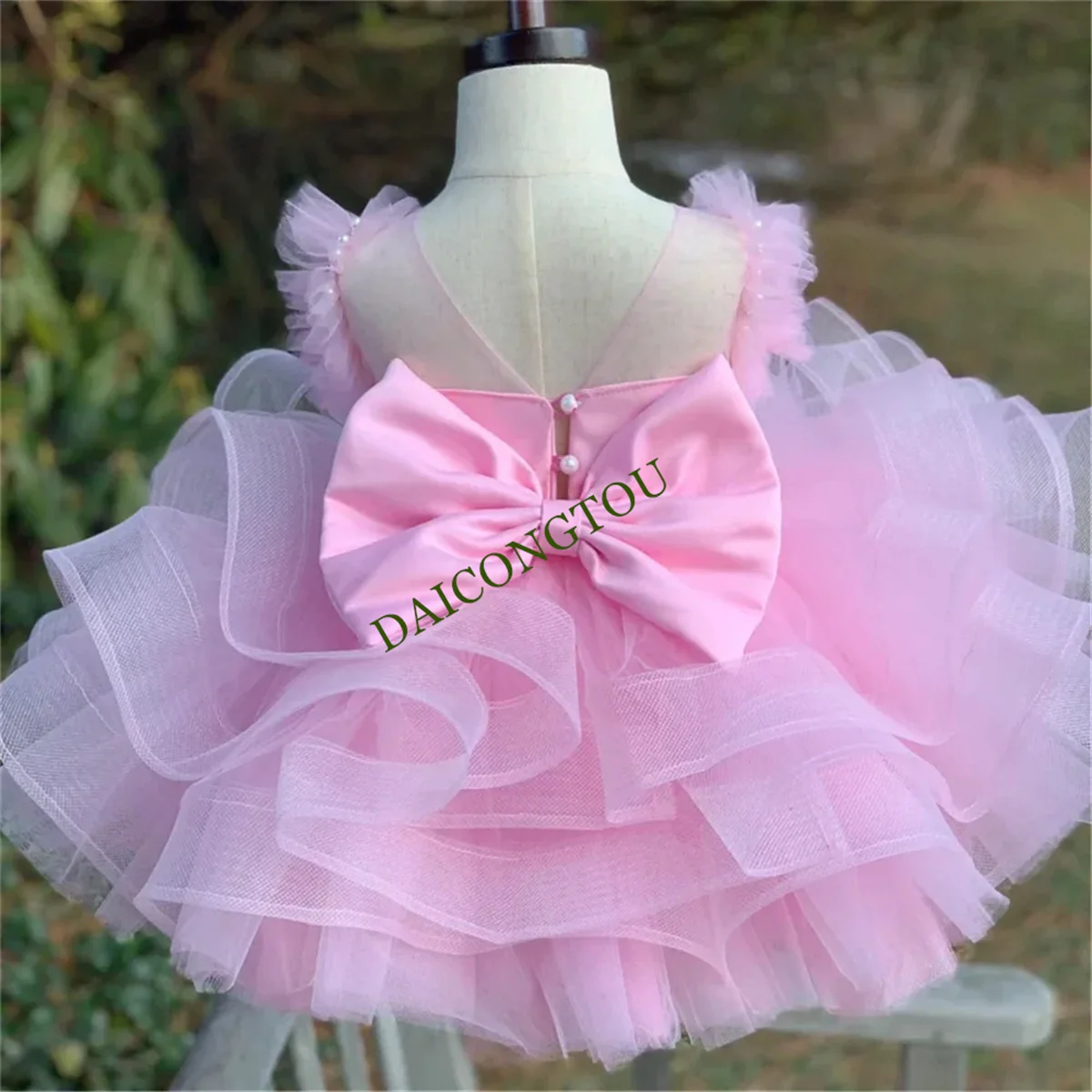 CustomizedPink Angel Flower Girl Dresses Tulle Puffy Pearl Bow Sleeveless For Wedding Kids Birthday Gift Party Banquet First Com