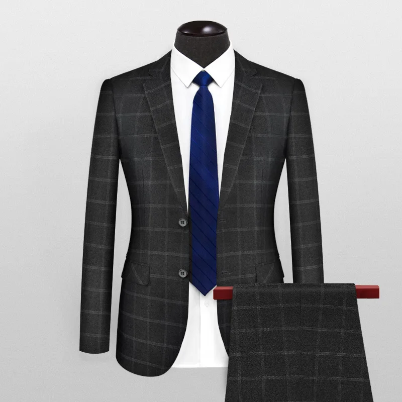 H116 Spring and Autumn Men's Suit Set Plaid Blue Business Professional Slim Fit Groomsmen Dress