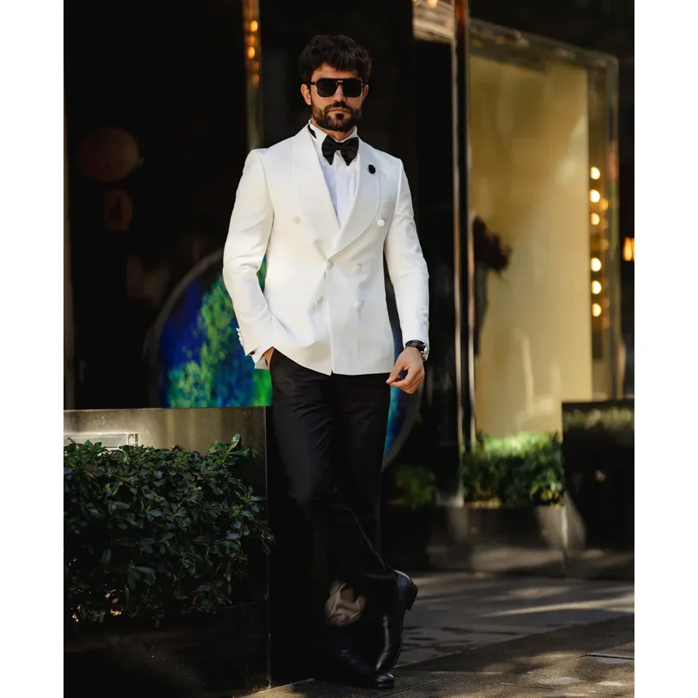 Elegant Shawl Lapel Double Breasted Suits for Men Two Piece (Blazer+Pants) Wedding Groom Tuxedo Slim Banquet Party Male Suit