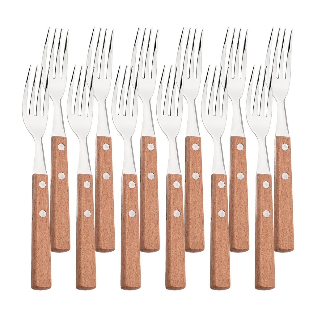 

JANKNG 304 Stainless Steel Fork with Wooden Handle Tableware Cutlery Mirror Dinnerware Flatware Silverware Kitchen Accessories