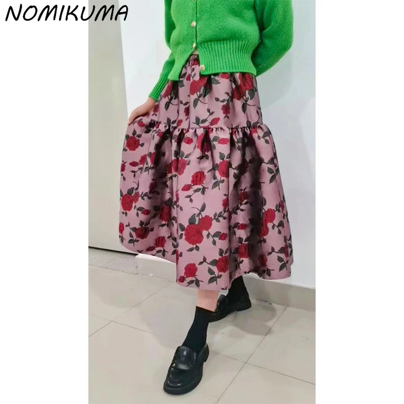 Nomikuma Korea Vintage Rose Flower Jacquard Patchwork Skirts Women High Waisted Causal A-line Fashion Skirt Faldas De Mujer 2023