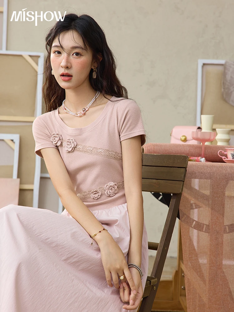 MISHOW Geweven Patchwork Gebreide Jurk Dames Zomer 2025, Franse Taille Slanke Lange Jurk Roze Ronde Hals Elegante Jurken MXE36L2247