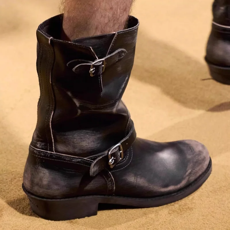 

American Retro Western Cowboy Boots for Men and Women Handmade Distressed Polished Short Boots Middle Tude Cycling Boots