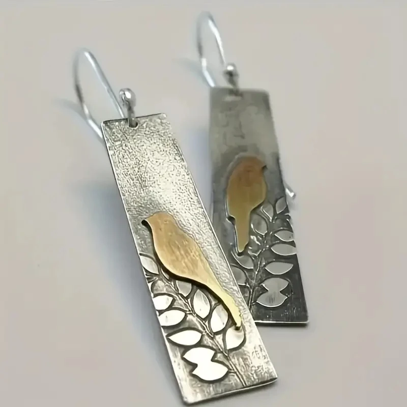 Delicate Earrings for Women Square Bird Animal Silver Color Metal Inlaid Dangle Earrings Jewelry Trendy Female Gift