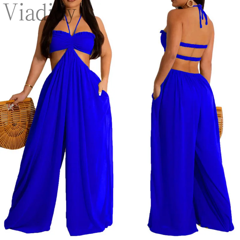 Women Solid Color Loose Halter Backless Wide Leg Jumpsuit