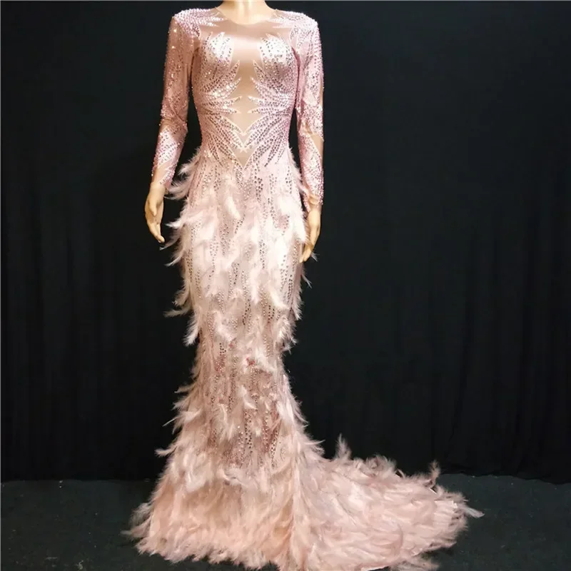 Pink Rhinestone Feather Tailing Mermaid Long Dress Women Birthday Prom Wedding Evening Party Outfit Singer Concert Stage Costume