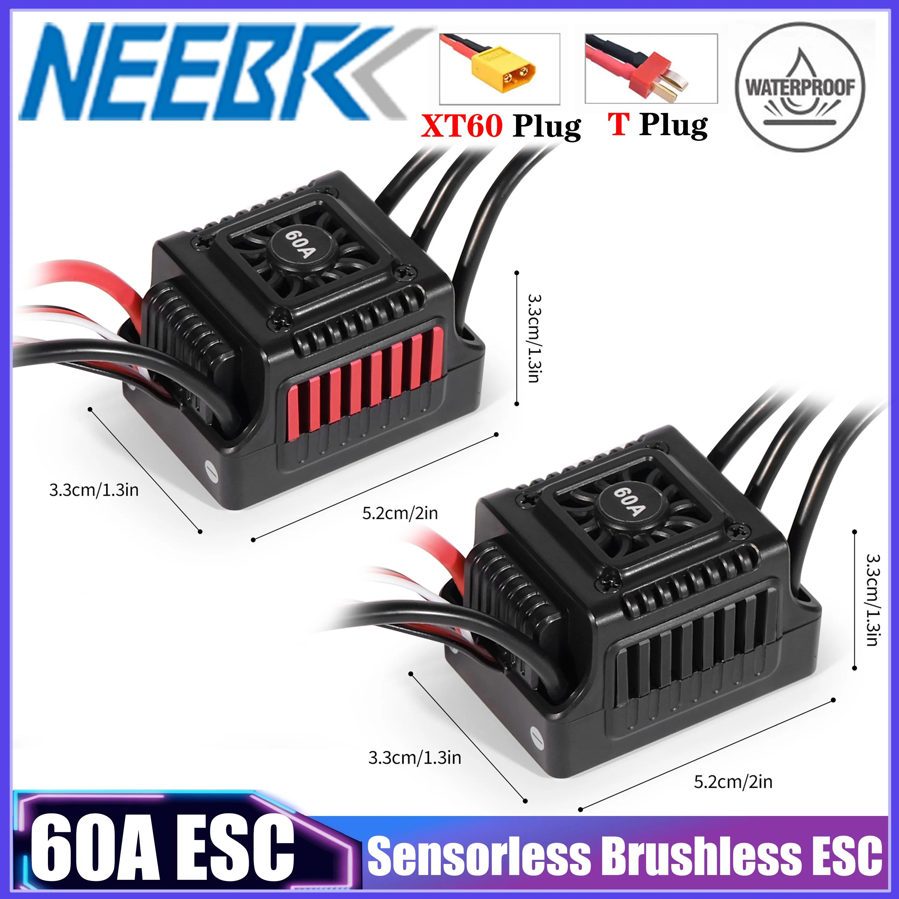 

NEEBRC 60A Водонепроницаемый бессенсорный бесщеточный ESC T/XT60 Plug 2-3S Контроллер скорости для 1/10 RC внедорожника Carlwer Buggy Truck