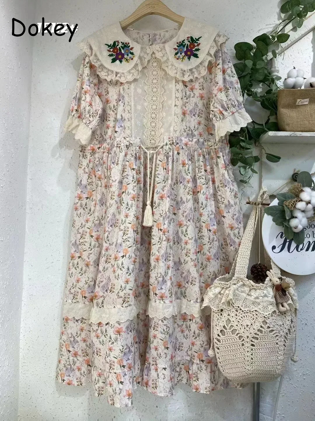 Vintage Floral Embroidery Cotton Linen Lolita Dress Women Summer Japanese Peter Pan Collar Kawaii Dresses Elegant Party Vestidos