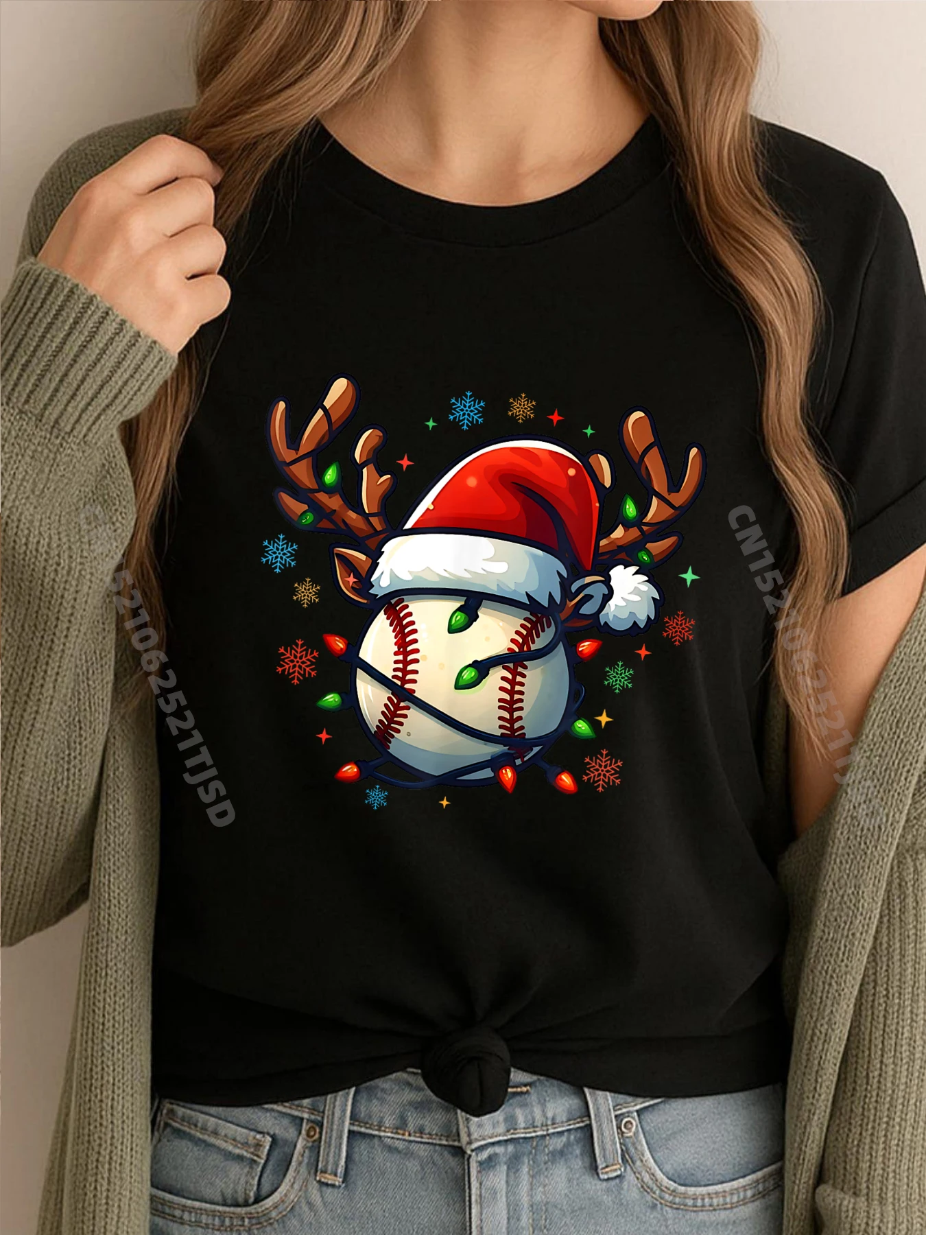 

Бейсбольный рог, шляпа Санта-Клауса, рождественские огни, рождественская праздничная кремовая футболка, мужская одежда, канун Нового года