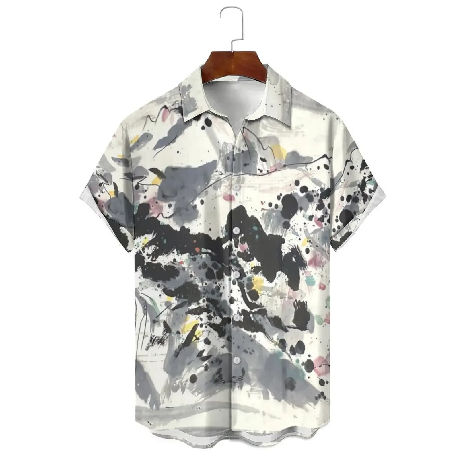 

Men's/Women's Summer Fashion Casual Relaxed Breathable Irregular Splash-Ink Color Print Single-Breasted Short-Sleeved Shirt