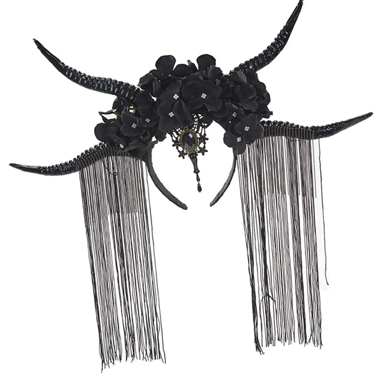 Antelope Horn Headband Halloween Hair Accessories for Women Gothic Tassel Flower Headdress Party Costume Fancy Dress