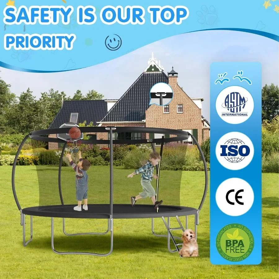 แทรมโพลีนกลางแจ้งขนาด 14 ฟุต 12 ฟุต 10 ฟุต 8 ฟุต สำหรับเด็กและผู้ใหญ่ พร้อมตาข่ายนิรภัย รับน้ำหนักได้สูงสุด 300-1000 ปอนด์ เหมาะสำหรับสนามหลังบ้าน