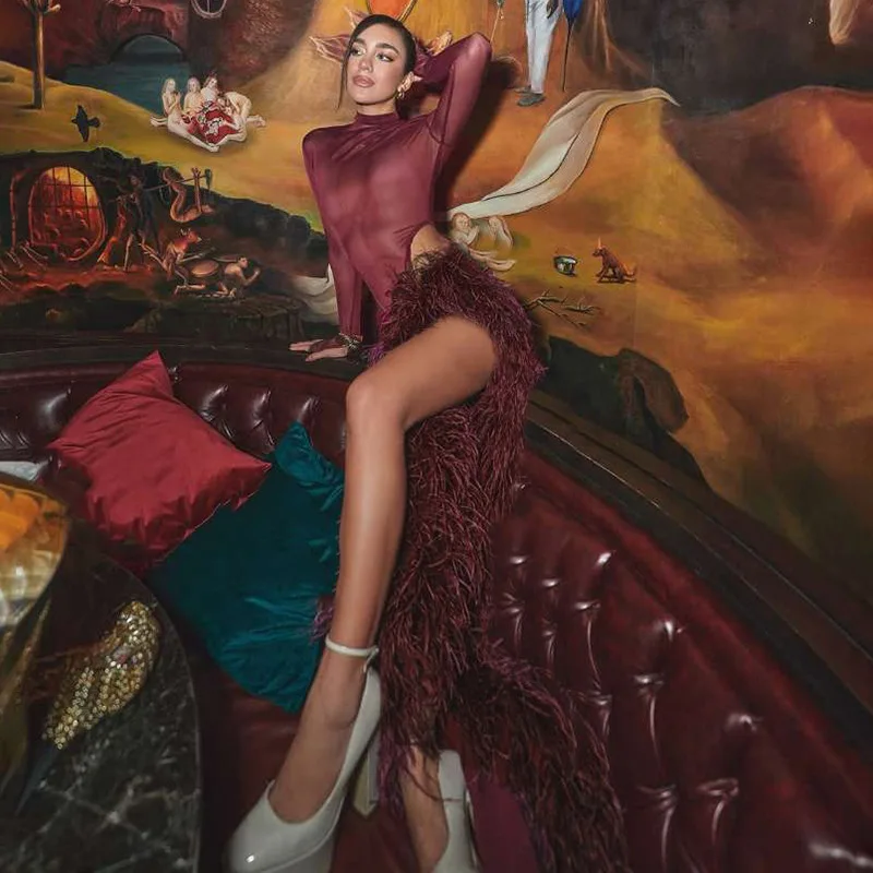 ريشة عنابي فستان الحفلة الراقصة 2 قطعة بذلة المرأة + تنورة سبليت عالية الرقبة كم كامل الزفاف الرسمي ضيف رداء مأدبة فستان زفاف #2