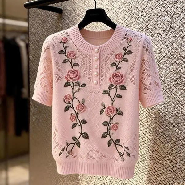 

Korean Style Hollow-out Knit T-shirt 2026 New Women Short Sleeve Tee Office Ladies Elegant Printed Breathable T-Shirt