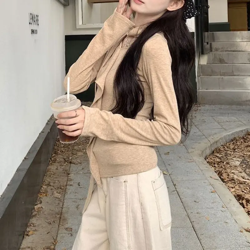 Korean Ruffles Halter Pullovers Spring Autumn Stylish Ribbon Spliced Female Clothing Solid Color Slim Basic Long Sleeve T-shirt