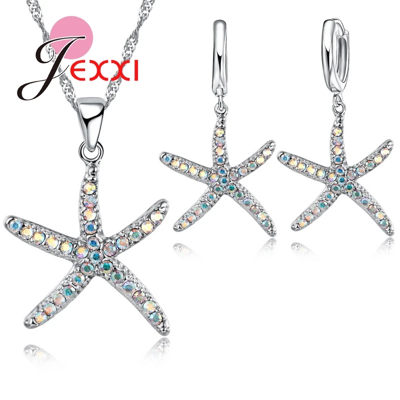 Fashion Woman Jewelry Sets Sweet Starfish Necklace & Earrings With New Pendant 925 Sterling Silver  CZ Jewelry