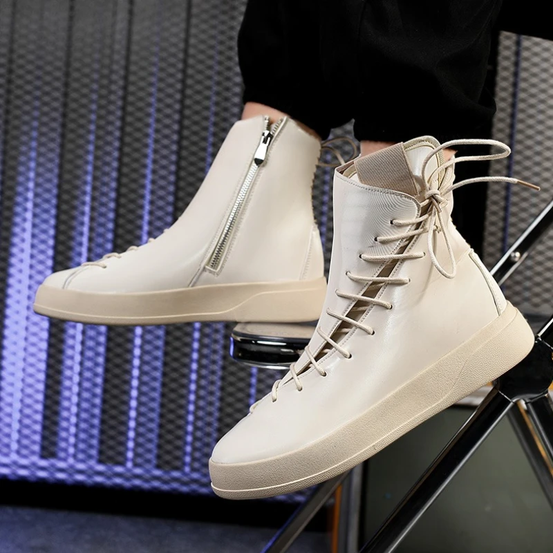 

Men's High-top Boots with Laces Flat Heel Round Toe Solid Color Large Size Fashionable Classic New Style Niche Streetwear Boots