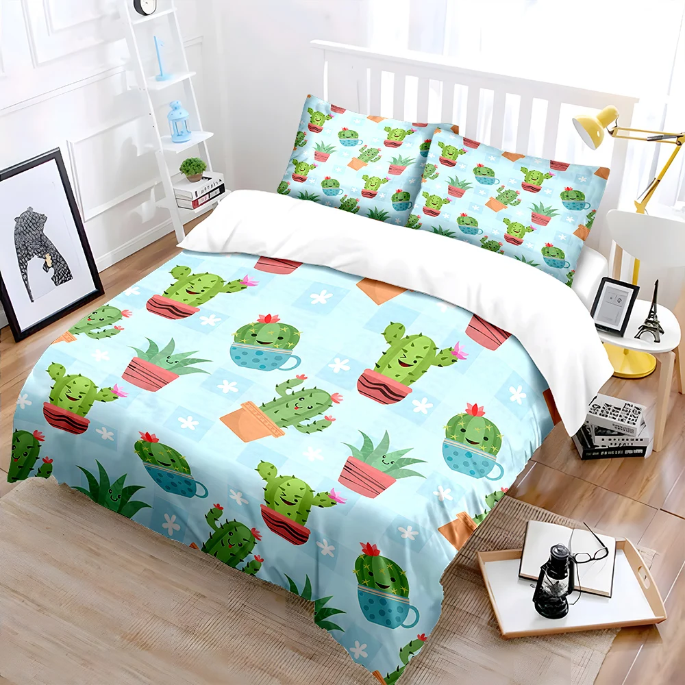Multiple Sizes Cartoon potted cactus Print Bedding Set 1 Duvet Cover 2 Pillowcases for Adult and Children Luxury Gift Full Size