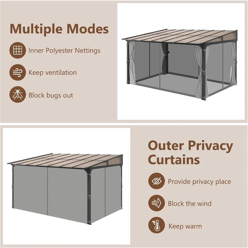 أكشاك مثبتة على الحائط مقاس 10 × 13 قدمًا، إطار من الألومنيوم مع ستائر وشبكة، عريشة خارجية #6