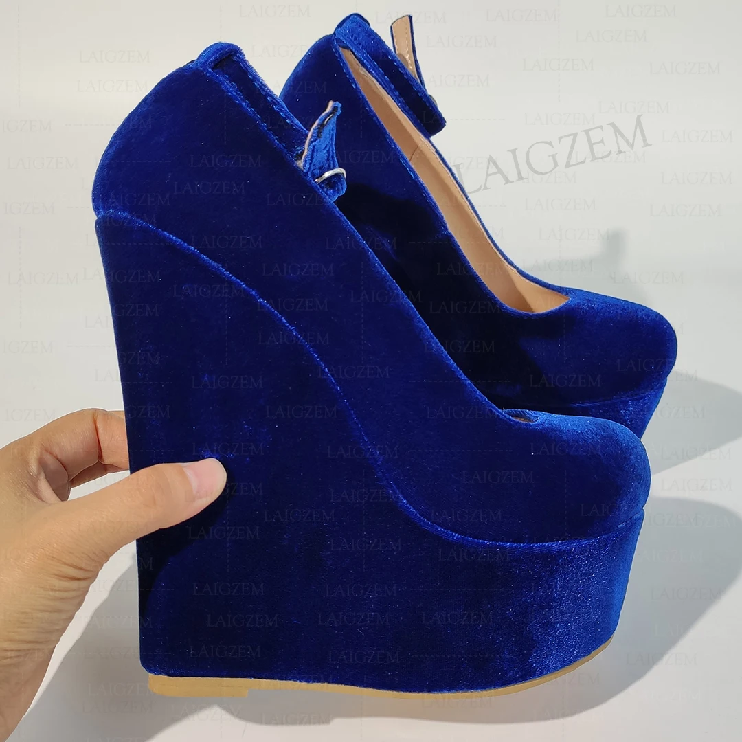 SEIIHEM Women Pumps Platform Wedges Velvet Round Toe High Heels Height Increase Handmade Ladies Shoes Woman Big Size 38 43 45 48