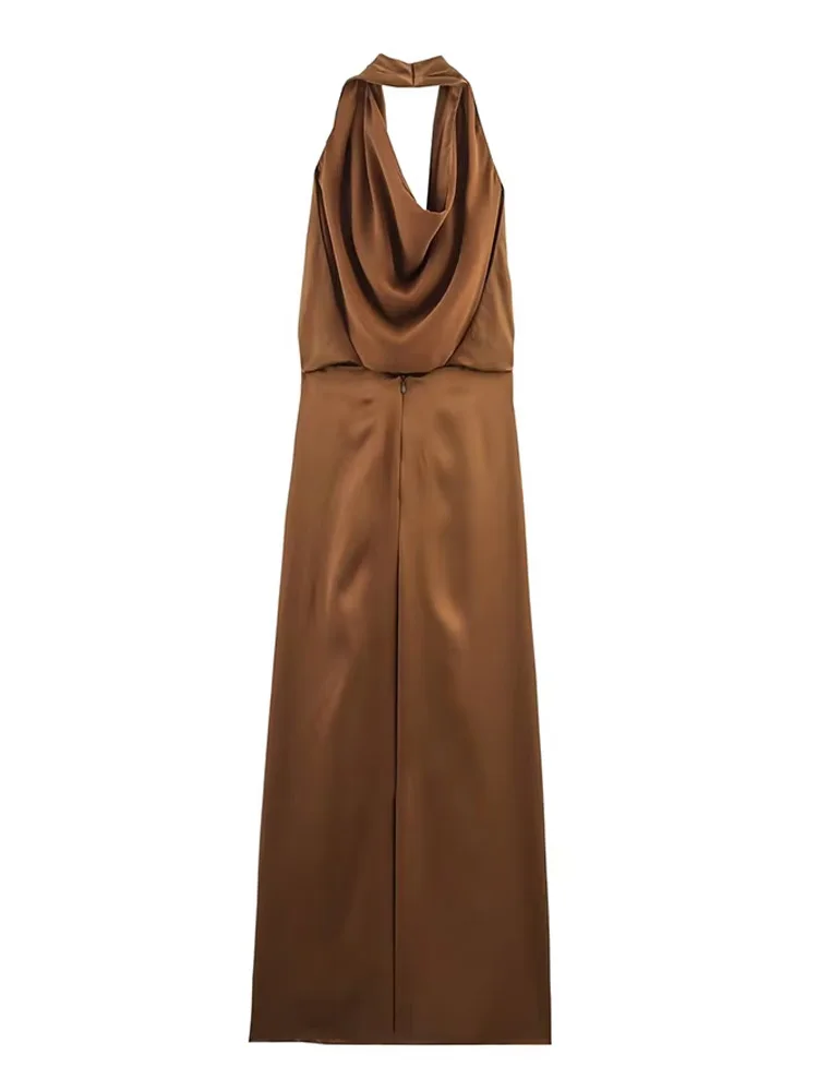 HH Women 2025 Spring New Slim Satin Texture Solid Sleeveless Midi Dress Female Hanging Neck Collar Hollow Out Long Dress
