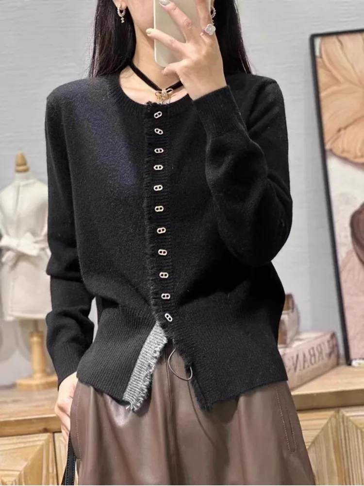 2024 Spring/Autumn New 100% Pure Wool Cardigan Sweater Women\'s Round Neck Cardigan Fashion Knitted Tassel Cardigan Coat Thin Top